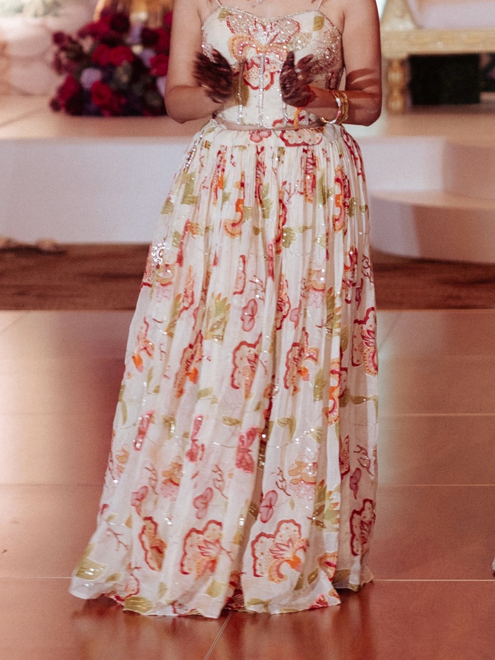 White Floral Sequin Lehenga Maxi with Pink & Green Accents